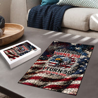 America Turns 250 Happy 50th Birthday Puzzle Patriotic Eagle US Flag Distressed Splatter