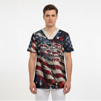America Turns 250 Happy 50th Birthday Scrub Top Patriotic Eagle US Flag Distressed Splatter