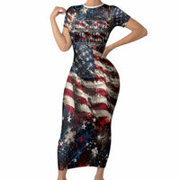 America Turns 250 Happy 50th Birthday Short Sleeve Bodycon Dress Patriotic Eagle US Flag Distressed Splatter