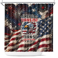 America Turns 250 Happy 50th Birthday Shower Curtain Patriotic Eagle US Flag Distressed Splatter