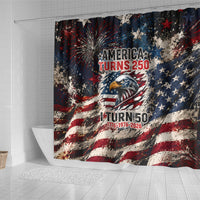 America Turns 250 Happy 50th Birthday Shower Curtain Patriotic Eagle US Flag Distressed Splatter