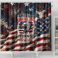 America Turns 250 Happy 50th Birthday Shower Curtain Patriotic Eagle US Flag Distressed Splatter