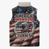 America Turns 250 Happy 50th Birthday Sleeveless Puffer Jacket Patriotic Eagle US Flag Distressed Splatter