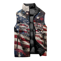 America Turns 250 Happy 50th Birthday Sleeveless Puffer Jacket Patriotic Eagle US Flag Distressed Splatter