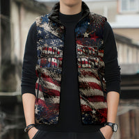 America Turns 250 Happy 50th Birthday Sleeveless Puffer Jacket Patriotic Eagle US Flag Distressed Splatter