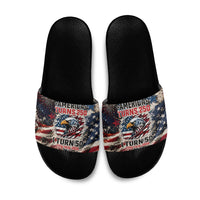 America Turns 250 Happy 50th Birthday Slide Sandals Patriotic Eagle US Flag Distressed Splatter