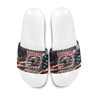 America Turns 250 Happy 50th Birthday Slide Sandals Patriotic Eagle US Flag Distressed Splatter