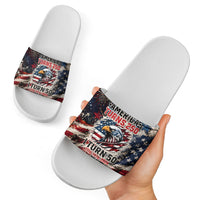 America Turns 250 Happy 50th Birthday Slide Sandals Patriotic Eagle US Flag Distressed Splatter
