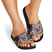 America Turns 250 Happy 50th Birthday Slide Sandals Patriotic Eagle US Flag Distressed Splatter