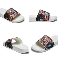 America Turns 250 Happy 50th Birthday Slide Sandals Patriotic Eagle US Flag Distressed Splatter