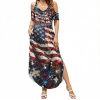 America Turns 250 Happy 50th Birthday Summer Maxi Dress Patriotic Eagle US Flag Distressed Splatter