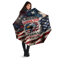 America Turns 250 Happy 50th Birthday Umbrella Patriotic Eagle US Flag Distressed Splatter