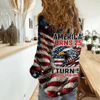 America Turns 250 Happy 50th Birthday Women Casual Shirt Patriotic Eagle US Flag Distressed Splatter
