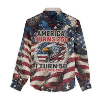 America Turns 250 Happy 50th Birthday Women Casual Shirt Patriotic Eagle US Flag Distressed Splatter