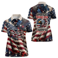 America Turns 250 Happy 50th Birthday Women Polo Shirt Patriotic Eagle US Flag Distressed Splatter