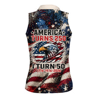 America Turns 250 Happy 50th Birthday Women Sleeveless Polo Shirt Patriotic Eagle US Flag Distressed Splatter