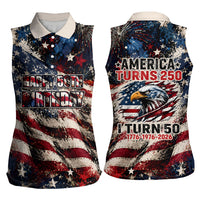 America Turns 250 Happy 50th Birthday Women Sleeveless Polo Shirt Patriotic Eagle US Flag Distressed Splatter