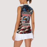 America Turns 250 Happy 50th Birthday Women Sleeveless Polo Shirt Patriotic Eagle US Flag Distressed Splatter