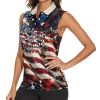 America Turns 250 Happy 50th Birthday Women Sleeveless Polo Shirt Patriotic Eagle US Flag Distressed Splatter