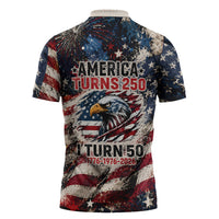 America Turns 250 Happy 50th Birthday Zipper Polo Shirt Patriotic Eagle US Flag Distressed Splatter
