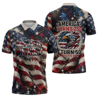 America Turns 250 Happy 50th Birthday Zipper Polo Shirt Patriotic Eagle US Flag Distressed Splatter