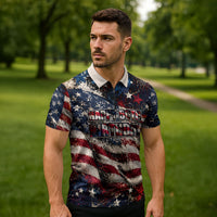 America Turns 250 Happy 50th Birthday Zipper Polo Shirt Patriotic Eagle US Flag Distressed Splatter