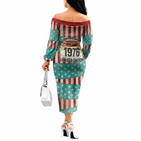 America Vintage 1976 50th Birthday Off The Shoulder Long Sleeve Dress Retro Sunset Patriotic