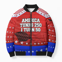 America Turns 250 I Turn 50 Bomber Puffer Jacket Patriotic Eagle Flag Birthday Stars Stripes