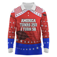 America Turns 250 I Turn 50 Long Sleeve Polo Shirt Patriotic Eagle Flag Birthday Stars Stripes