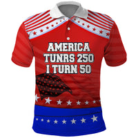 America Turns 250 I Turn 50 Polo Shirt Patriotic Eagle Flag Birthday Stars Stripes