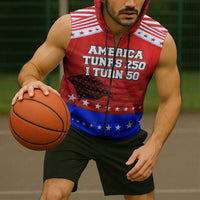 America Turns 250 I Turn 50 Sleeveless Zip Hoodie Patriotic Eagle Flag Birthday Stars Stripes