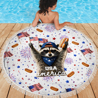 USA America Raccoon Hot Dog 250 Years Beach Blanket 4th of July 1776-2026 Patriotic Fireworks