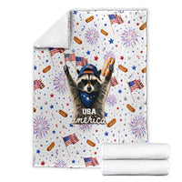 USA America Raccoon Hot Dog 250 Years Blanket 4th of July 1776-2026 Patriotic Fireworks