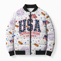USA America Raccoon Hot Dog 250 Years Bomber Puffer Jacket 4th of July 1776-2026 Patriotic Fireworks