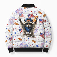 USA America Raccoon Hot Dog 250 Years Bomber Puffer Jacket 4th of July 1776-2026 Patriotic Fireworks