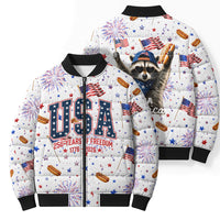 USA America Raccoon Hot Dog 250 Years Bomber Puffer Jacket 4th of July 1776-2026 Patriotic Fireworks