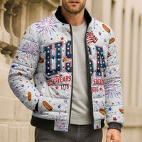 USA America Raccoon Hot Dog 250 Years Bomber Puffer Jacket 4th of July 1776-2026 Patriotic Fireworks