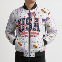 USA America Raccoon Hot Dog 250 Years Bomber Puffer Jacket 4th of July 1776-2026 Patriotic Fireworks