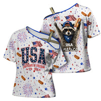 USA America Raccoon Hot Dog 250 Years Cross Shoulder Shirt 4th of July 1776-2026 Patriotic Fireworks