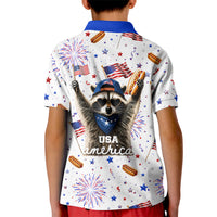 USA America Raccoon Hot Dog 250 Years Kid Polo Shirt 4th of July 1776-2026 Patriotic Fireworks
