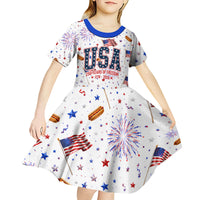 USA America Raccoon Hot Dog 250 Years Kid Short Sleeve Dress 4th of July 1776-2026 Patriotic Fireworks