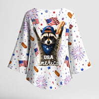 USA America Raccoon Hot Dog 250 Years Kimono Sleeve Blouse 4th of July 1776-2026 Patriotic Fireworks