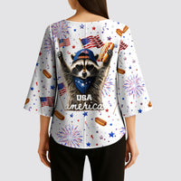USA America Raccoon Hot Dog 250 Years Kimono Sleeve Blouse 4th of July 1776-2026 Patriotic Fireworks