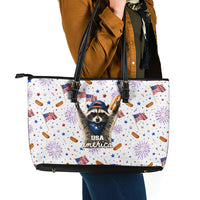USA America Raccoon Hot Dog 250 Years Leather Tote Bag 4th of July 1776-2026 Patriotic Fireworks