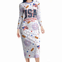 USA America Raccoon Hot Dog 250 Years Long Sleeve Bodycon Dress 4th of July 1776-2026 Patriotic Fireworks