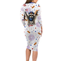 USA America Raccoon Hot Dog 250 Years Long Sleeve Bodycon Dress 4th of July 1776-2026 Patriotic Fireworks