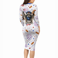 USA America Raccoon Hot Dog 250 Years Long Sleeve Bodycon Dress 4th of July 1776-2026 Patriotic Fireworks