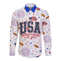 USA America Raccoon Hot Dog 250 Years Long Sleeve Button Shirt 4th of July 1776-2026 Patriotic Fireworks