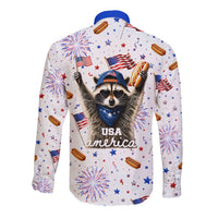 USA America Raccoon Hot Dog 250 Years Long Sleeve Button Shirt 4th of July 1776-2026 Patriotic Fireworks