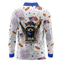 USA America Raccoon Hot Dog 250 Years Long Sleeve Polo Shirt 4th of July 1776-2026 Patriotic Fireworks